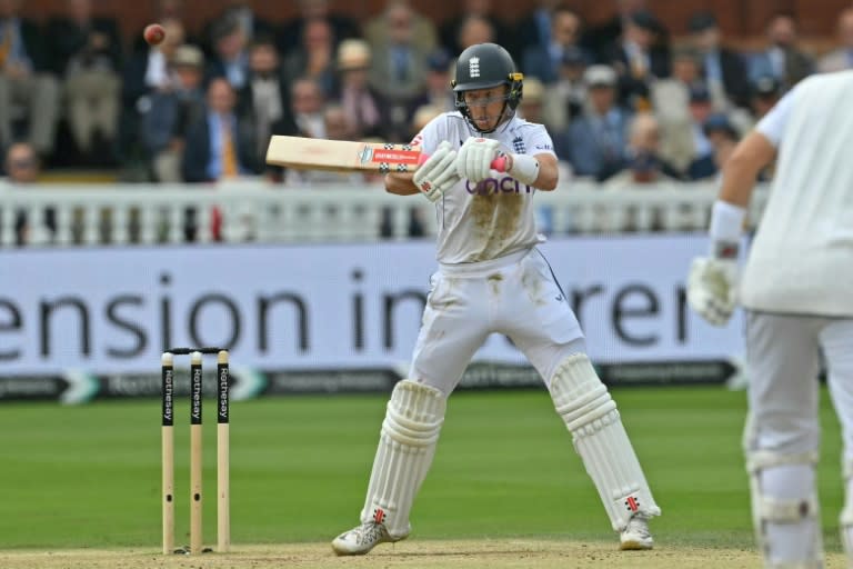 Loose stroke: England captain Ollie Pope was caught for 17 playing this square slash off Sri Lanka spinner Prabath Jayasuriya in the second Test at Lord's (Glyn KIRK)