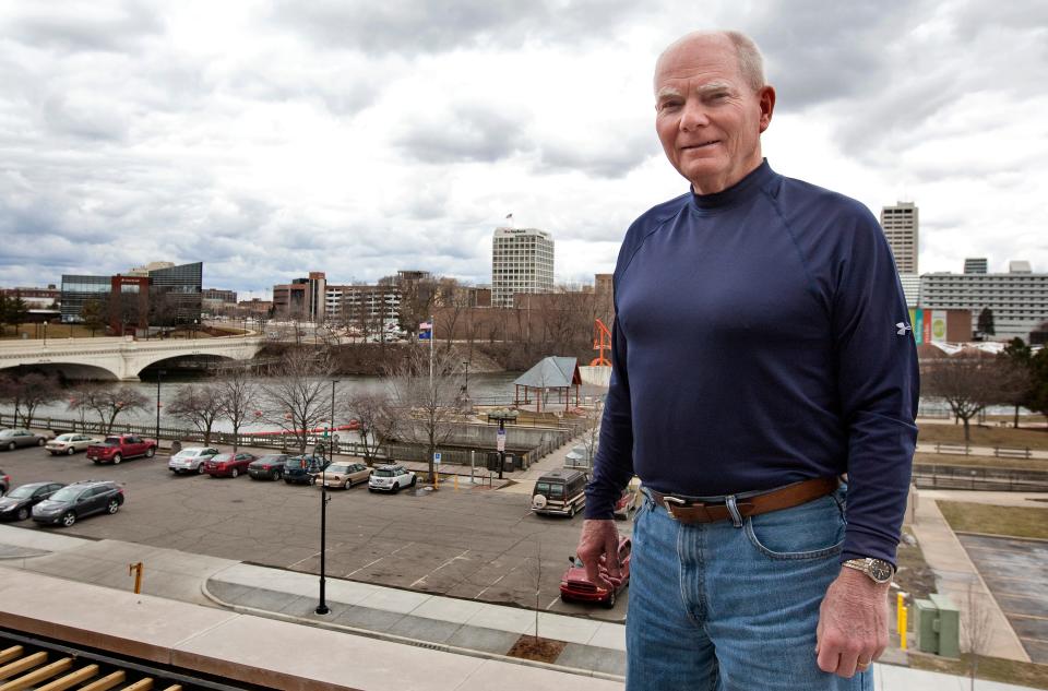 Former South Bend mayor and Indiana governor Joe Kernan stands on a deck at his home in South Bend in this 2013 photo.