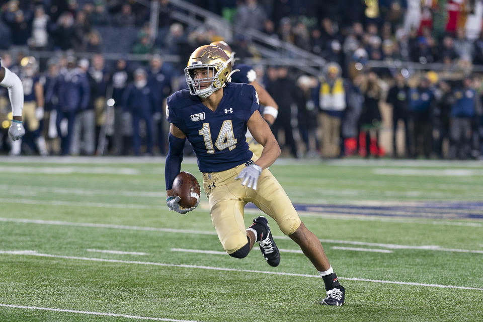 Notre Dame safety Kyle Hamilton intercepted four passes as a freshman but only one in 2020. (Photo by Robin Alam/Icon Sportswire via Getty Images)