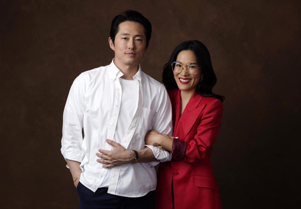 Ali Wong, right, and Steven Yeun, the co-stars of the Netflix series "Beef," pose together for a portrait, Tuesday, March 28, 2023, at the London Hotel in West Hollywood, Calif. (AP Photo/Chris Pizzello)