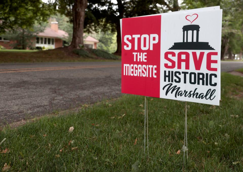 Stop the Megasite signs, relatively common in and around Marshall, is in the front lawn of Diane and Glenn Kowalske's home on Wednesday, July 12, 2023. The Kowalskes are two of many in the area not happy with Ford moving forward on an electric vehicle battery plant.
(Credit: Eric Seals, Detroit Free Press)