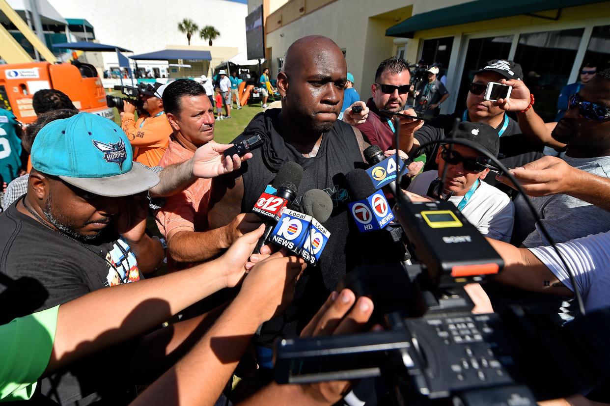 Jul 28, 2017; Davie, FL, USA; Miami Dolphins offensive guard Laremy Tunsil (67) speaks with the media after training camp at Baptist Health Training Facility at Nova Southeastern University. Mandatory Credit: Jasen Vinlove-USA TODAY Sports