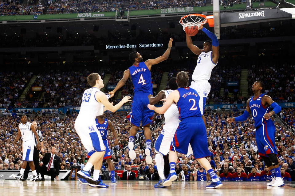 Terrence Jones #3 of the Kentucky Wildcats dunks the ball in the first half against the Kansas Jayhawks in the National Championship Game of the 2012 NCAA Division I Men's Basketball Tournament at the Mercedes-Benz Superdome on April 2, 2012 in New Orleans, Louisiana. (Photo by Jeff Gross/Getty Images)