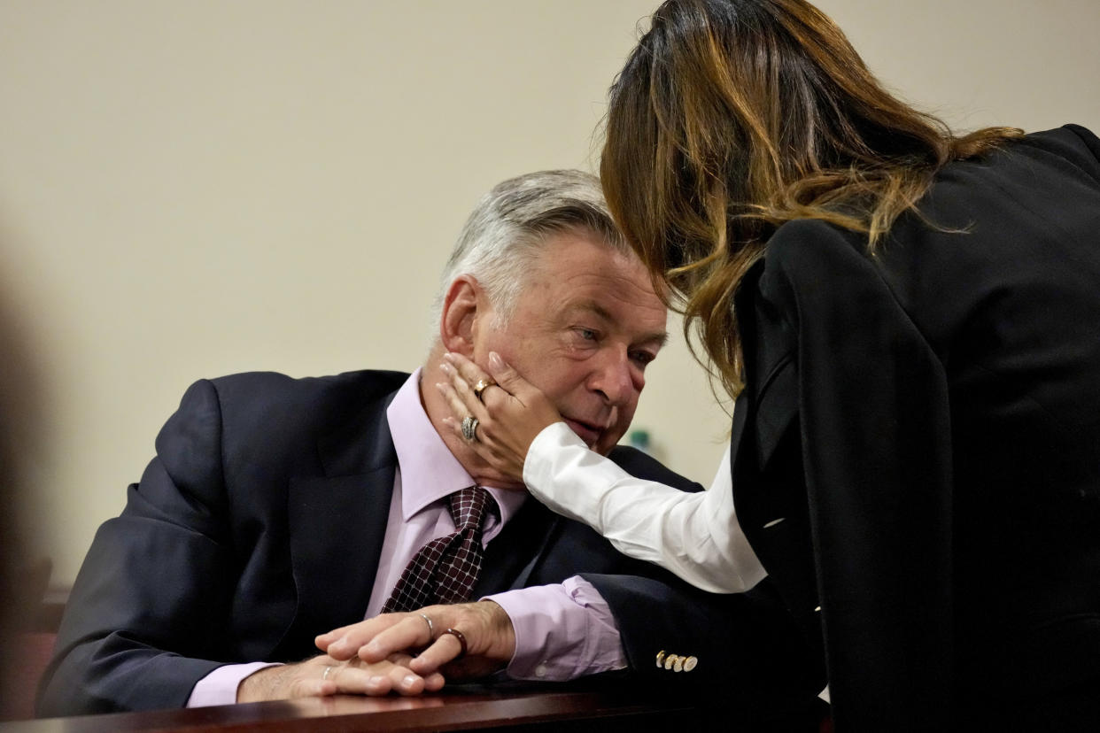 Alec Baldwin with his wife, Hilaria Baldwin, during his hearing in Santa Fe County District Court. 