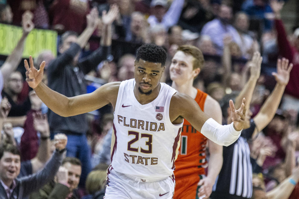 Florida State guard M.J. Walker (23) celebrates a 3-point shot in the first half of an NCAA college basketball game against Miami in Tallahassee, Fla., Saturday, Feb. 8, 2020. (AP Photo/Mark Wallheiser)