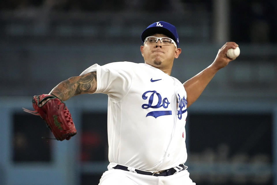 Los Angeles Dodgers starting pitcher Julio Urias throws to the plate during the first inning of a baseball game against the Atlanta Braves Friday, Sept. 1, 2023, in Los Angeles. (AP Photo/Mark J. Terrill)