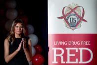 First lady Melania Trump, applauds student awardees at a Red Ribbon Rally at the Drug Enforcement Agency in Arlington, Va., Monday, Oct. 7, 2019.(AP Photo/Andrew Harnik)