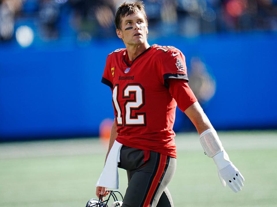 Tom Brady looks up after a play against the Carolina Panthers.