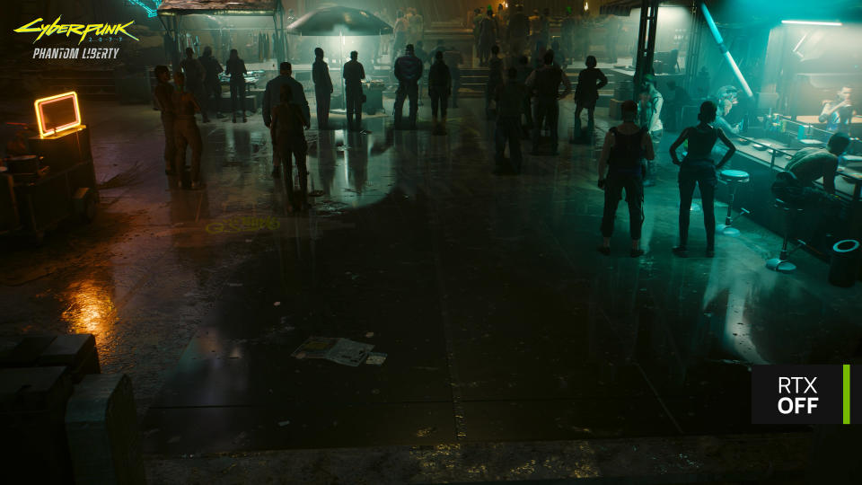 Cyberpunk 2077: Phantom Liberty screenshots with NPCs standing next to puddle