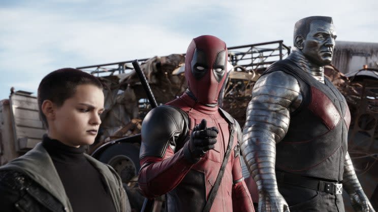 Deadpool (Ryan Reynolds) with X-Men allies Negasonic Teenage Warhead (Brianna Hildebrand) and Colossus (Stefan Kapicic). (Credits: 20th Century Fox)