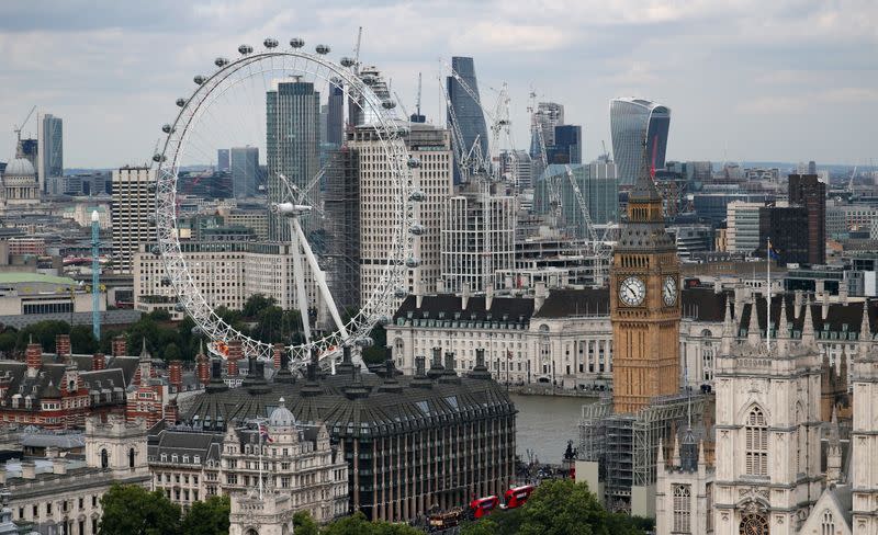 FILE PHOTO: The London Eye, the Big Ben clock tower and the City of London financial district are seen from the Broadway development site in central London