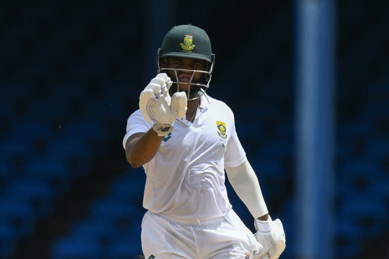 South Afrcia's Temba Bavuma celebrates his half cenuty during day two of the first Test against the West Indies (Randy Brooks)