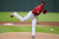 Cleveland Guardians starting pitcher Carlos Carrasco throws during the first inning of a baseball game against the Boston Red Sox, Wednesday, April 24, 2024, in Cleveland. (AP Photo/David Dermer)