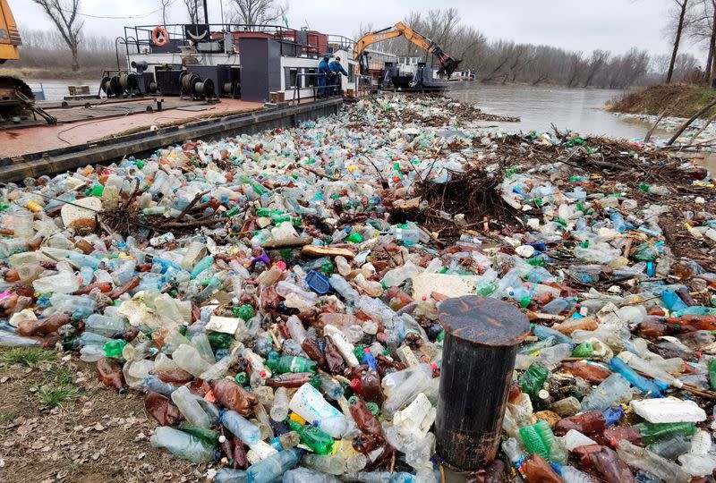 Plastic waste is seen in Tisza river in Vasarosnameny