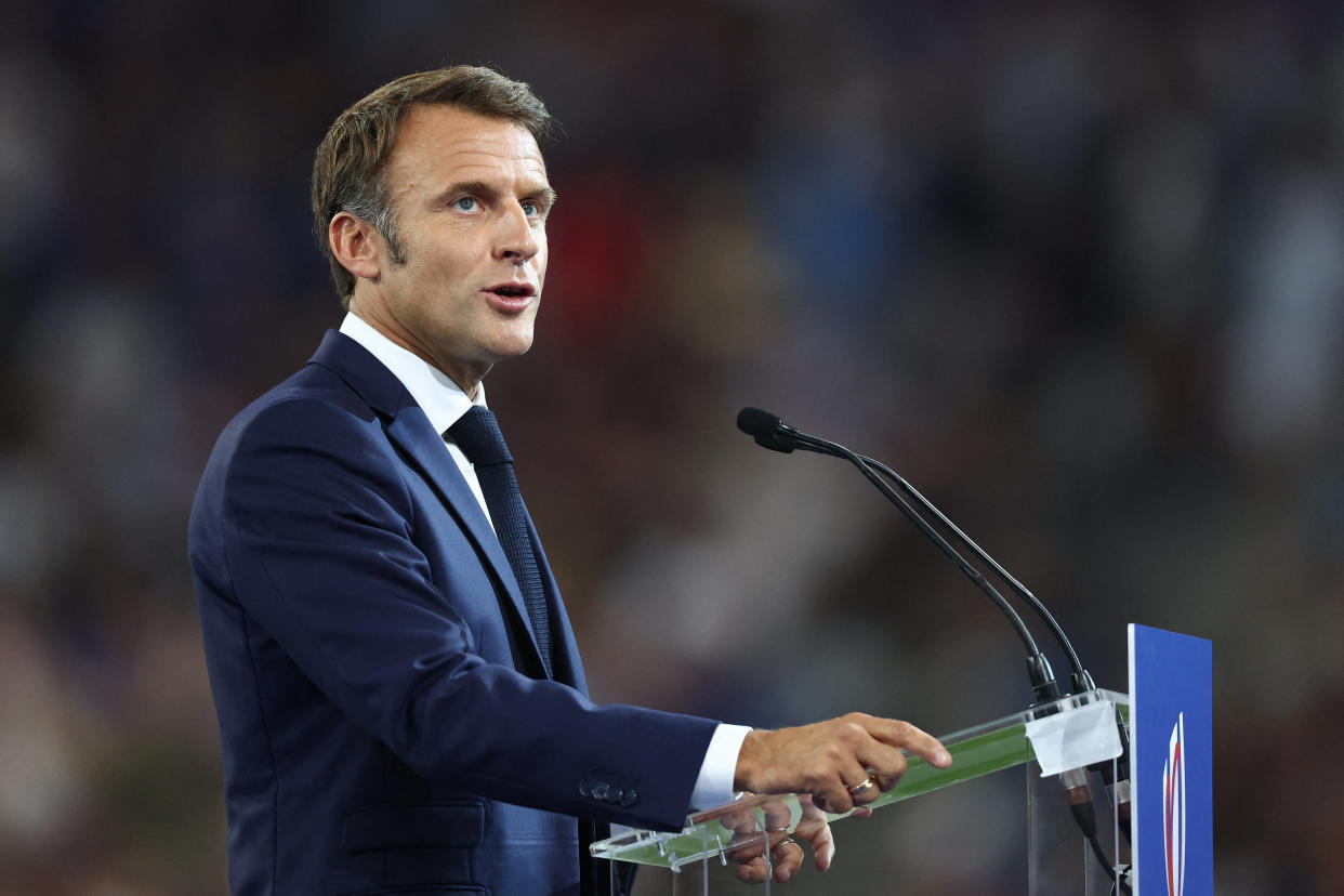 Emmanuel Macron lors de son discours au Stade de France le 8 septembre pour l’ouverture de la Coupe du monde de rugby.