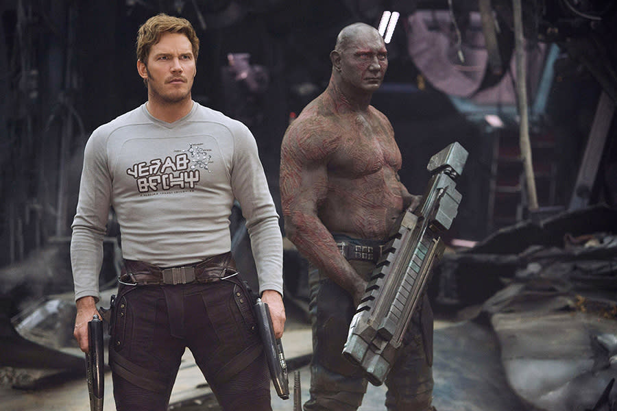 Chris Pratt as Peter Quill rocking his rock star graphic T-shirt