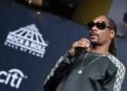 Rapper Snoop Dogg poses at the 31st Annual Rock And Roll Hall of Fame Induction Ceremony at Barclays Center in New York City