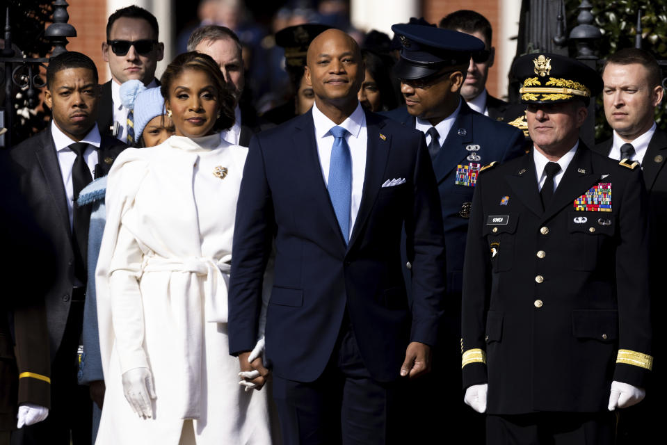 Maryland Gov.-elect Wes Moore leads a march to the State House prior to his inauguration in Annapolis, Md., Wednesday, Jan. 18, 2023. (AP Photo/Julia Nikhinson)