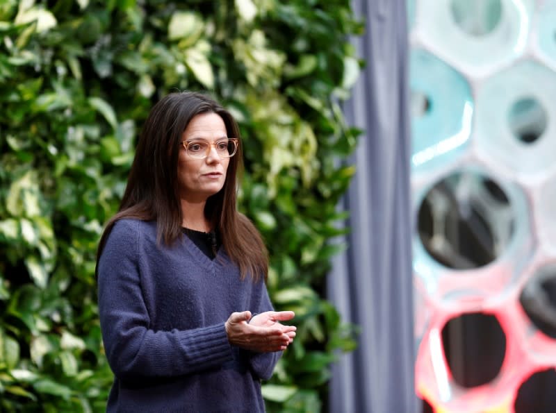 Microsoft CFO Hood speaks as the company announces plans to be carbon negative by 2030 and to negate all the direct carbon emissions ever made by the company by 2050 at their campus in Redmond