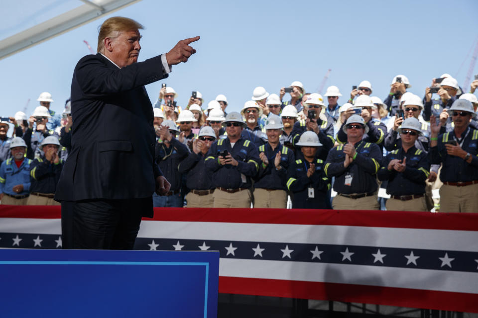 President Donald Trump arrives to speak on energy infrastructure at the Cameron LNG export facility, Tuesday, May 14, 2019, in Hackberry, La. (AP Photo/Evan Vucci)