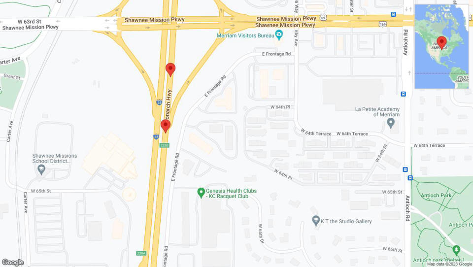 A detailed map that shows the affected road due to 'Broken down vehicle on northbound I-35 in Merriam' on October 2nd at 3:08 p.m.