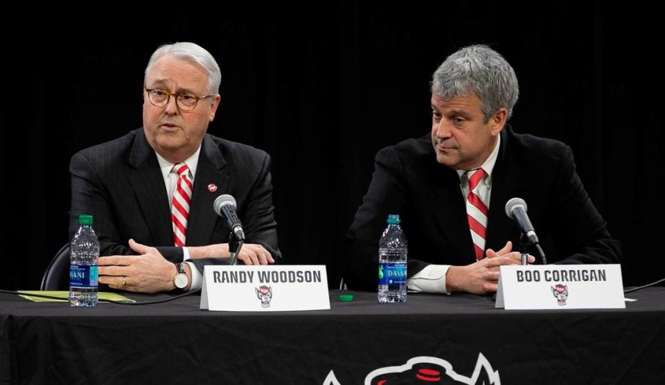 NC State chancellor Randy Woodson and new athletic director Boo Corrigan field questions from the media following his introduction at Reynold Coliseum on Thursday, January 31, 2019 in Raleigh, N.C.