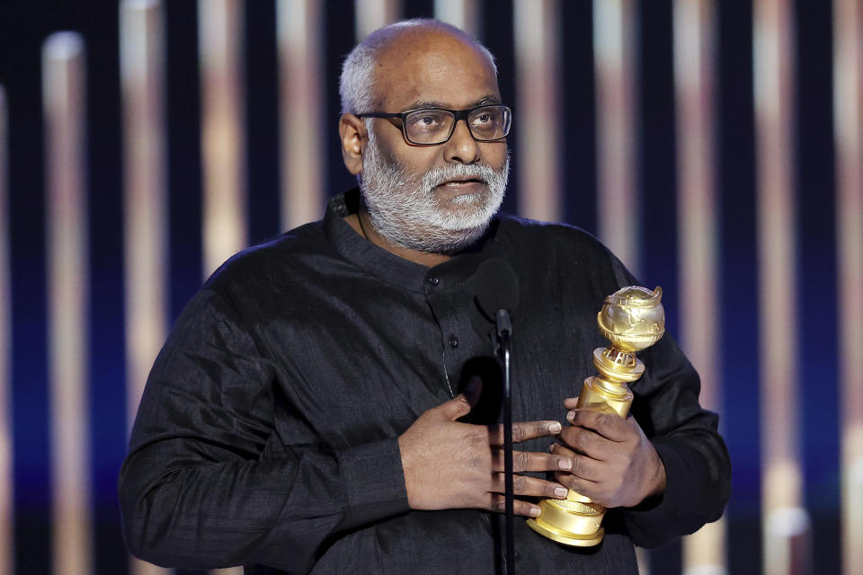 This image released by NBC shows M. M. Keeravani accepting the Best Original Song award for "Naatu Naatu" from "RRR" during the 80th Annual Golden Globe Awards at the Beverly Hilton Hotel on Tuesday, Jan. 10, 2023, in Beverly Hills, Calif. (Rich Polk/NBC via AP)