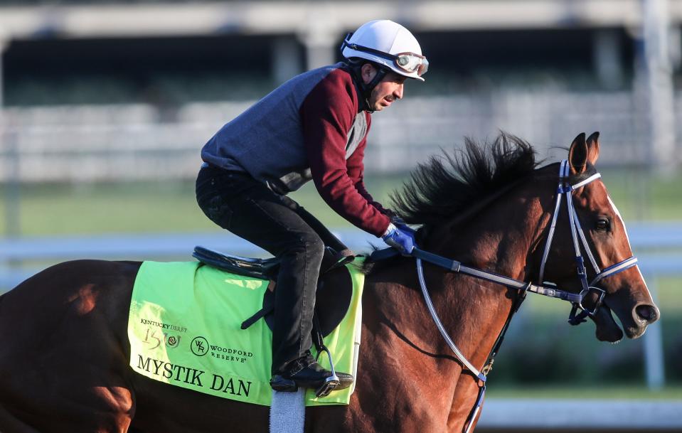 Kentucky Derby contender Mystik Dan works out at Churchill Downs in Louisville, Ky. April 25, 2024. Trainer is Kenny McPeek.