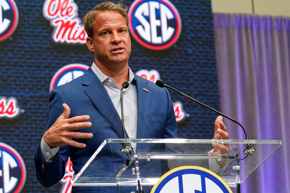 Lane Kiffin speaking at SEC Media Days.