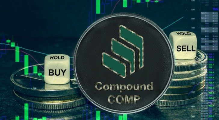 A concept token for Compound (COMP) with a stock chart in the background.