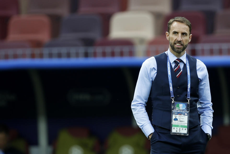 England head coach Gareth Southgate inspects the pitch prior to the semifinal match between Croatia and England at the 2018 soccer World Cup in the Luzhniki Stadium in, Moscow, Russia, Wednesday, July 11, 2018. (AP Photo/Francisco Seco)