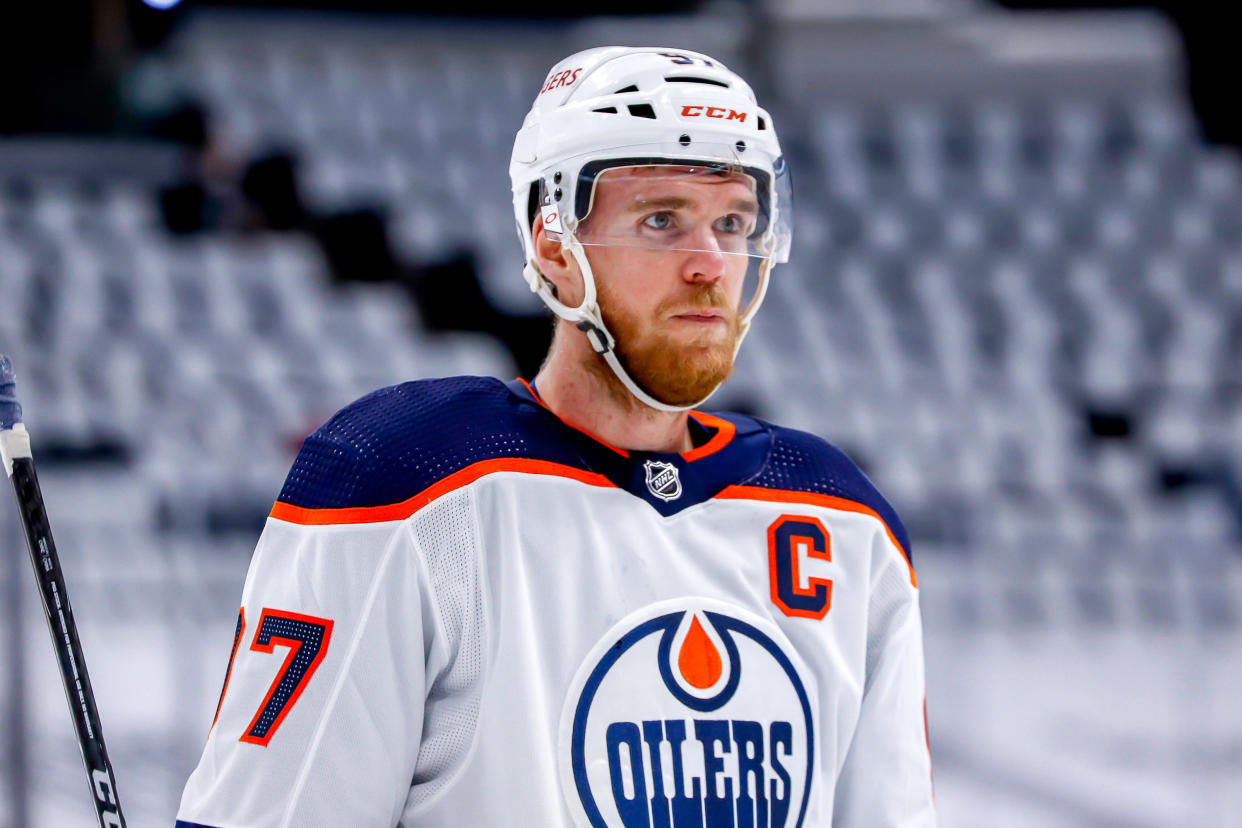 WINNIPEG, MB - MAY 23: Connor McDavid #97 of the Edmonton Oilers looks on during a first period stoppage in play against the Winnipeg Jets in Game Three of the First Round of the 2021 Stanley Cup Playoffs at the Bell MTS Place on May 23, 2021 in Winnipeg, Manitoba, Canada. (Photo by Darcy Finley/NHLI via Getty Images)