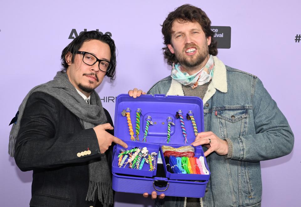 Efren Ramirez (Pedro) and Jon Heder (Napoleon Dynamite) pose for photos during the press line as members of the movie “Napoleon Dynamite” gather at Sundance in Park City for a special showing at The Ray Theatre on Wednesday, Jan. 24, 2024. | Scott G Winterton, Deseret News