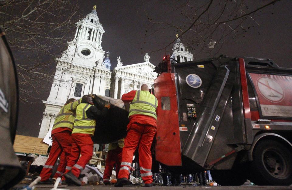 Occupy London camp at St Paul's Cathedral is cleared after bailiffs moved in to remove tents from the camp, London, Tuesday, Feb. 28, 2012. Occupy London was last week refused permission to appeal against a High Court decision to allow their eviction to proceed. (AP/Photo/Lewis Whyld/PA) UNITED KINGDOM OUT: NO SALES: NO ARCHIVE