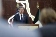 U.S. Secretary of State Antony Blinken participates in a news conference with Kuwaiti Foreign Minister Sheikh Ahmad Nasser Al-Mohammad Al-Sabah at the Ministry of Foreign Affairs in Kuwait City, Kuwait, Thursday, July 29, 2021. (Jonathan Ernst/Pool via AP)