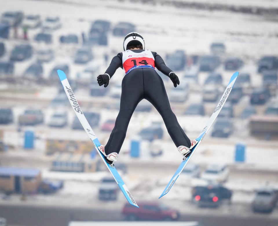 Erik Belshaw of the United States jumps at Pine Mountain in Iron Mountain, Michigan, during the 2022 FIS Continental Cup weekend.