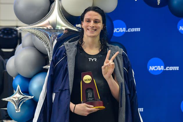 Then-University of Pennsylvania swimmer Lia Thomas accepts the winning trophy for the 500 Freestyle finals during the NCAA Swimming and Diving Championships in Atlanta in March. (Photo: Icon Sportswire via Getty Images)