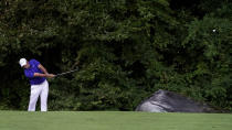 Patrick Reed, of the United States, plays a shot off the 15th fairway during the third round of the US Open Golf Championship, Saturday, Sept. 19, 2020, in Mamaroneck, N.Y. (AP Photo/John Minchillo)