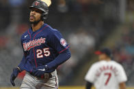 Minnesota Twins' Byron Buxton (25) runs the bases after hitting a solo home run off Cleveland Indians starting pitcher Aaron Civale (43) in the eighth inning of a baseball game, Tuesday, April 27, 2021, in Cleveland. (AP Photo/David Dermer)