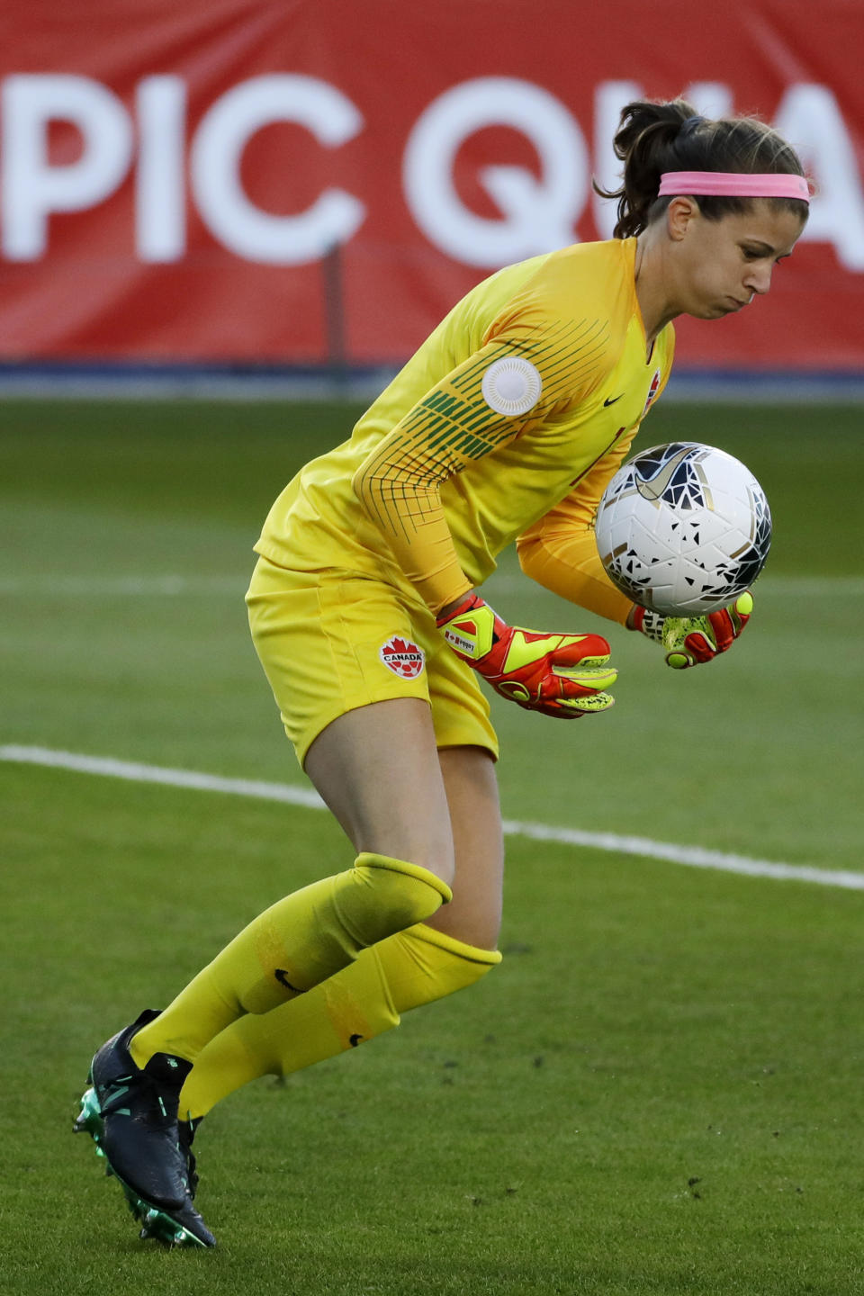 Canada goalkeeper Stephanie Labbe makes a save against Costa Rica during the first half of a CONCACAF women's Olympic qualifying soccer match Friday, Feb. 7, 2020, in Carson, Calif. (AP Photo/Chris Carlson)