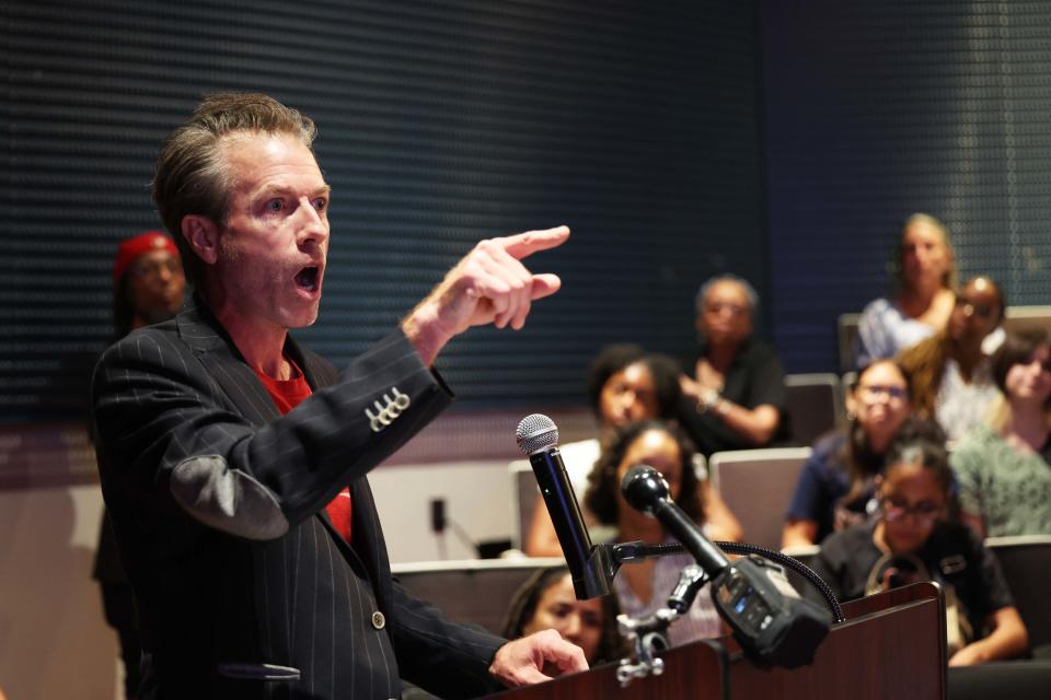 Patrick Quinn of Brockton, a candidate for Ward 7 city councilor, speaks at a Brockton School Committee meeting at Brockton High School on Wednesday evening, Sept. 6, 2023 regarding a $14.4 million deficit recently discovered in last year's school budget.