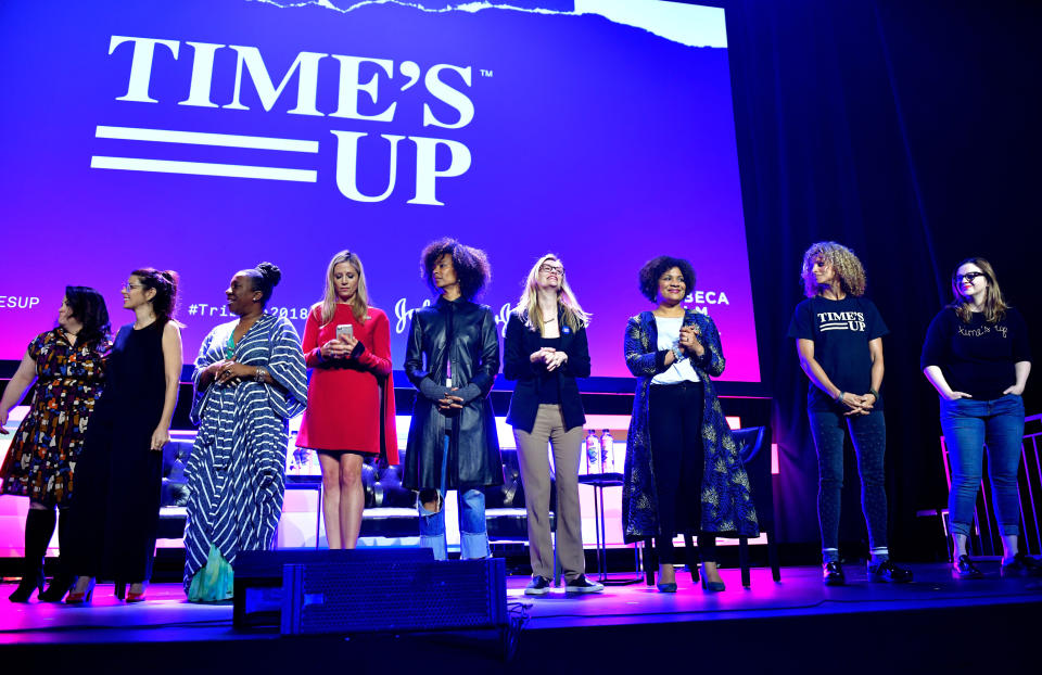 Christy Haubegger, Marisa Tomei, Tarana Burke, Mira Sorvino, Fatima Goss Graves and Amber Tamblyn pose onstage at "Time's Up" during the 2018 Tribeca Film Festival. (Photo: Roy Rochlin via Getty Images)