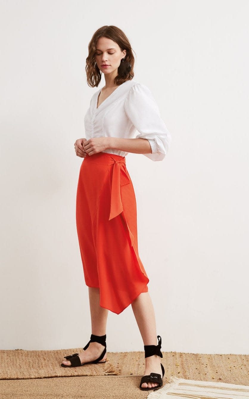 Ruched shirt, £75; and sarong skirt, £115, Kitri