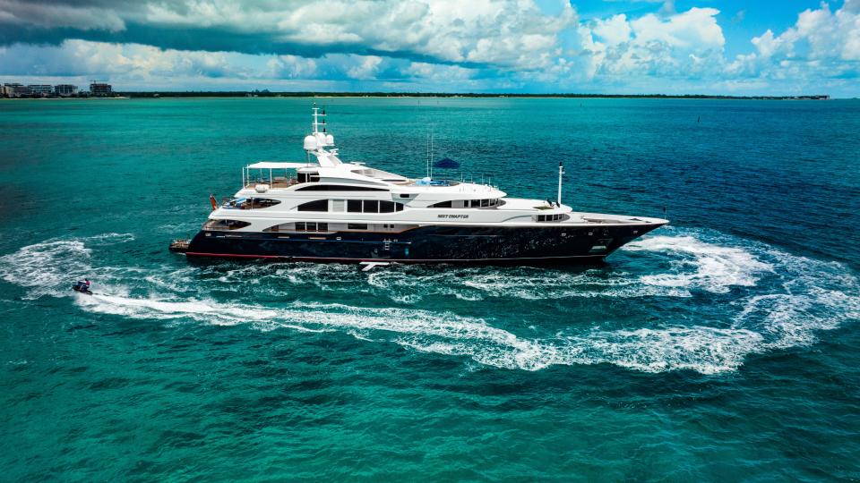 The Benetti-built Next Chapter is 180 feet and 6 inches and has six cabins that can accommodate up to 13 guests.