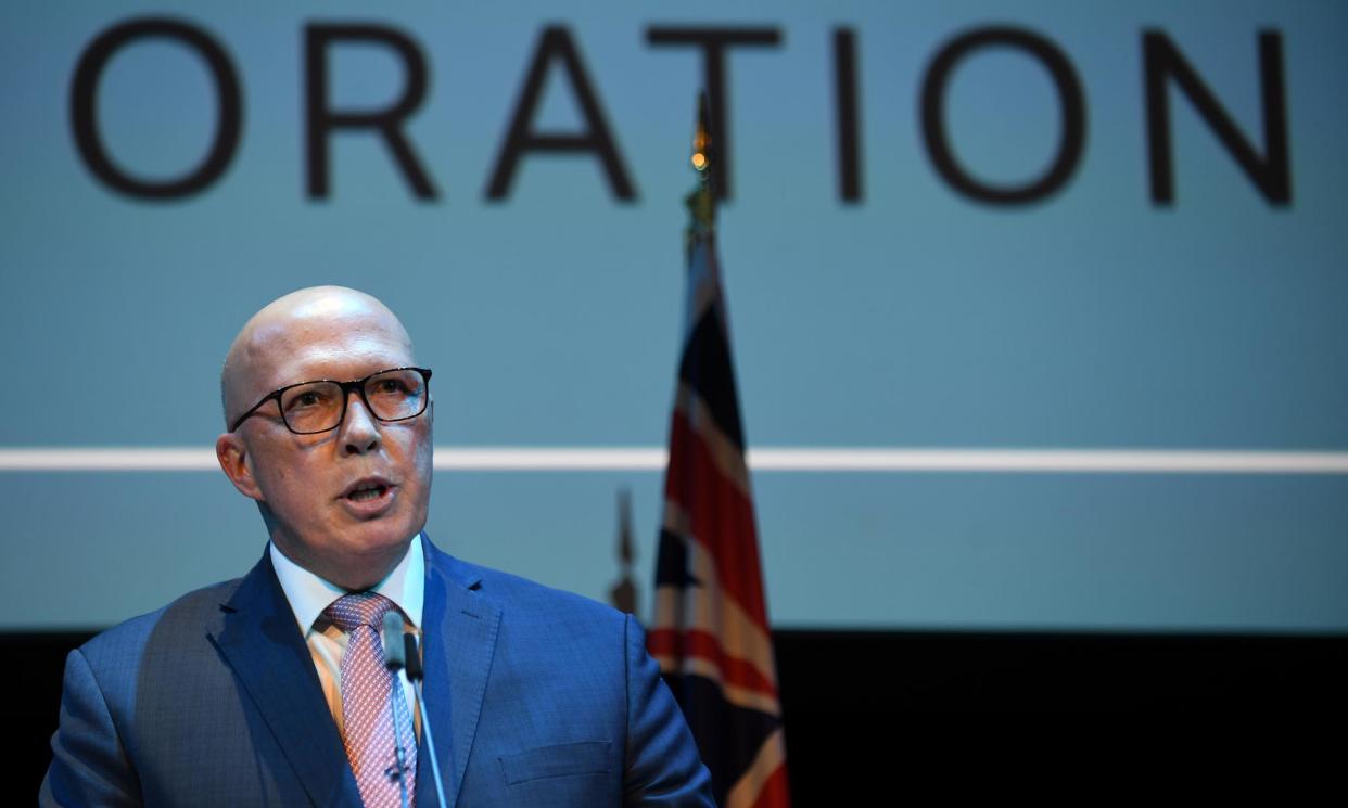 <span>Peter Dutton compared pro-Palestine protests at the Sydney Opera House to the 1996 Port Arthur massacre during his Tom Hughes Oration.</span><span>Photograph: Steven Saphore/AAP</span>