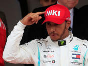 Formula One F1 - Monaco Grand Prix - Circuit de Monaco, Monte Carlo, Monaco - May 26, 2019 Mercedes' Lewis Hamilton celebrates winning the Monaco Grand Prix after the race REUTERS/Gonzalo Fuentes