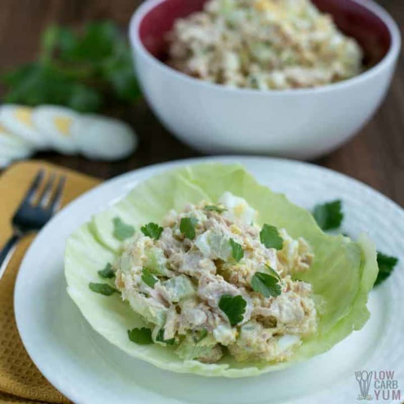 <p>Low Carb Yum</p><p>An easy tuna egg salad with sour cream is hard to beat. Find out how to make the best keto tuna salad recipe for low-carb sandwich wraps.</p><p><strong>Get the recipe:</strong><a href="https://lowcarbyum.com/tuna-and-egg-salad-with-sour-cream/" rel="nofollow noopener" target="_blank" data-ylk="slk:Tuna Egg Salad with Sour Cream;elm:context_link;itc:0;sec:content-canvas" class="link rapid-noclick-resp"> <strong>Tuna Egg Salad with Sour Cream</strong></a></p>