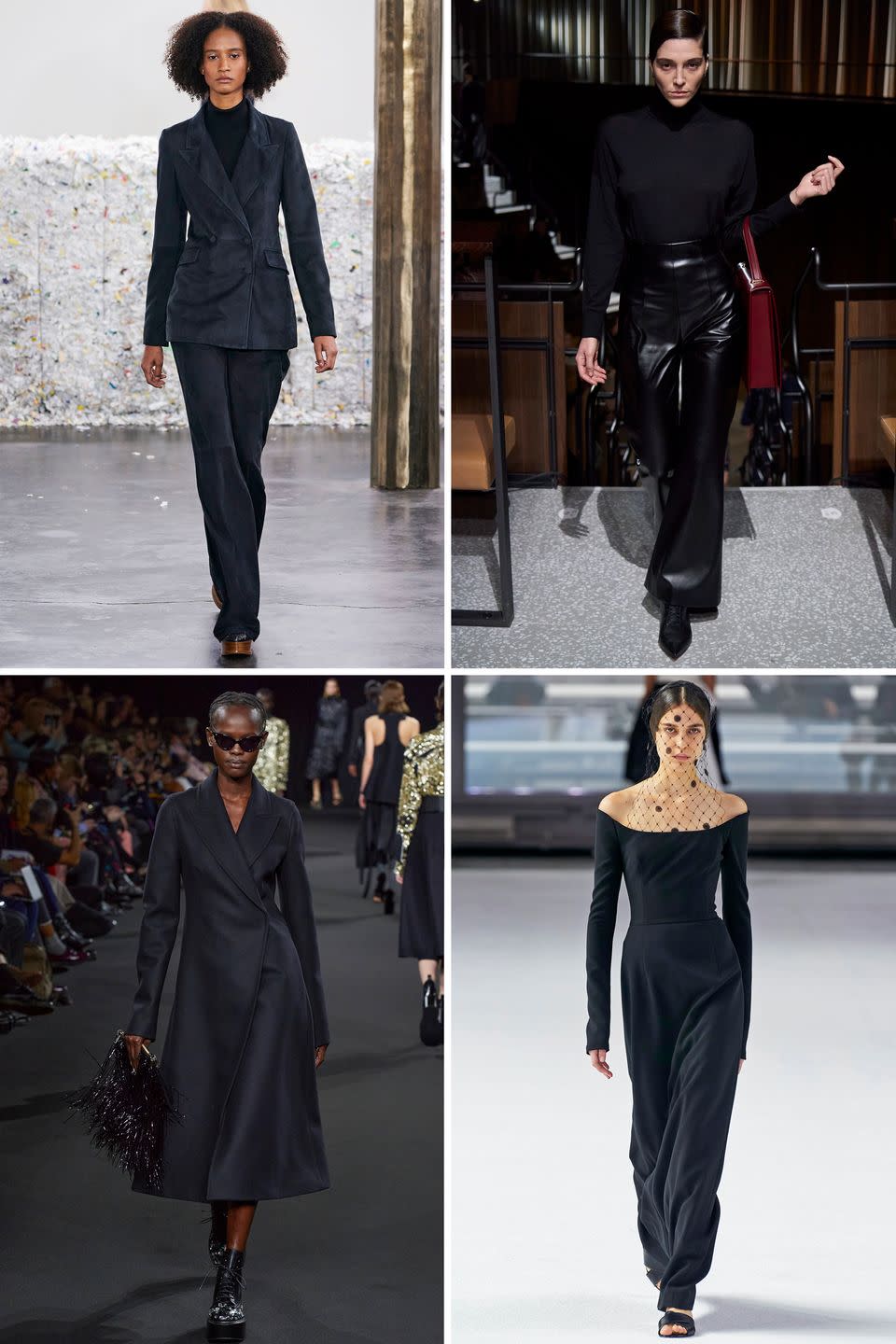 <p>Monochromatic darks from head to toe was a theme in many collections from Rochas to Carolina Herrera this season. Try the trend in leather, suede, and even knitwear. And trust that investing in staples from your favorite designers will last well beyond this season. </p><p><em>Clockwise from top left: Gabriela Hearst, Emilia Wickstead, Carolina Herrera, Rochas</em></p>