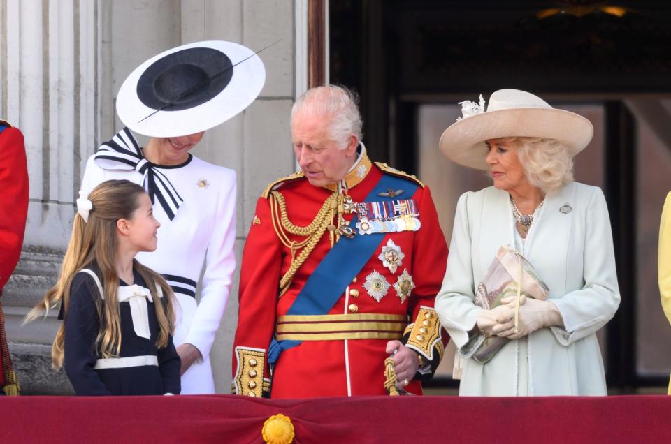 london, england june 15 princess charlotte of wales, catherine, princess of wales, king charles iii and queen camilla on the balcony of buckingham palace during trooping the colour on june 15, 2024 in london, england trooping the colour is a ceremonial parade celebrating the official birthday of the british monarch the event features over 1,400 soldiers and officers, accompanied by 200 horses more than 400 musicians from ten different bands and corps of drums march and perform in perfect harmony photo by karwai tangwireimage