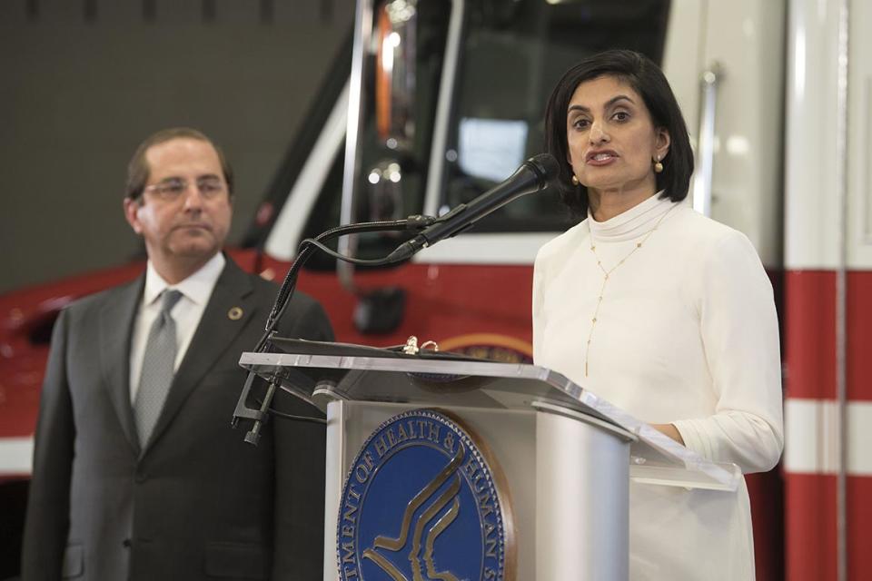 Centers for Medicare & Medicaid Services (CMS) Administrator Seema Verma speak during a news conference with HHS Secretary Alex Azar, left, on Thursday, Feb. 14, 2019 in Washington. Azar announced a new payment model impacting emergency care treatment for Medicare beneficiaries, a new approach to ambulance transport for beneficiaries. (AP Photo/Kevin Wolf)